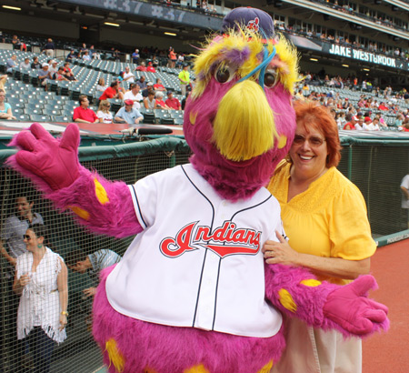 Debbie Hanson with Cleveland Indians mascot Slider at Progressive Field