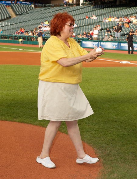 Debbie Hanson on pitchers mound at Progressive Field