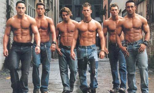 Gang of buff guys with their shirts off