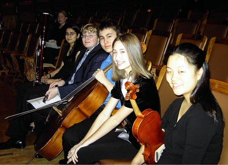 Arianna Korting with other musicians before performance of From The Top in Jordan Hall