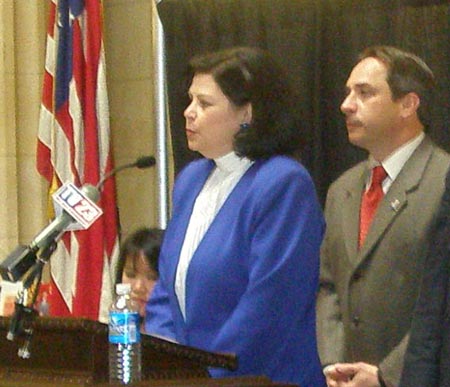 Dona Brady speaks at Cleveland City Hall at an International Celebration - Matt Zone in background