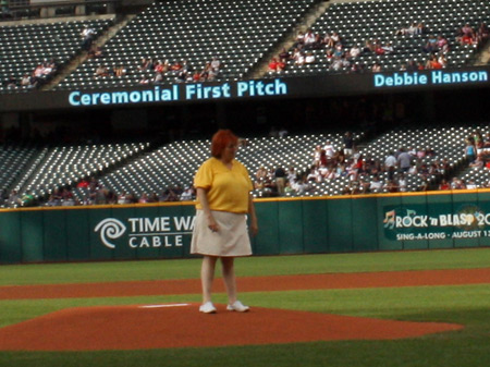 Debbie Hanson on mound at Progressive Field