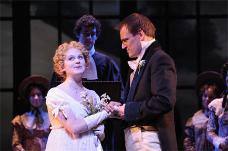 Emma (Sarah Nealis) and Mr. Knightley (Mark L. Montgomery) at the altar in Emma, directed by Peter Amster, on stage at The Cleveland Play House in the Drury Theatre, February 26 - March 21. Photo credit: Roger Mastroianni