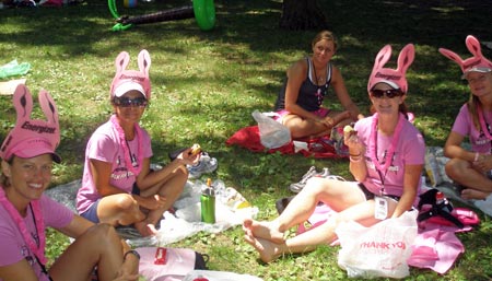 A pit stop and energizer bunny ears helped keep the walkers going and going