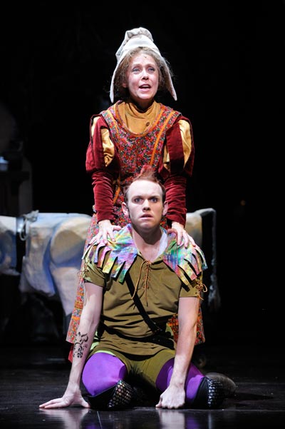 Jack's Mother (Maryann Nagel) keeps a watchful, protective eye over her son Jack (Tim Try) in the Great Lakes Theater Festival production of Stephen Sondheim's enchanting musical Into the Woods.