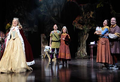 Into the Woods by Stephen Sondheim.  From left to right are actors Emily Kreiger (Cinderella), Tim Try (Jack), Marann Nagel (Jack's Mother), Jodi Dominick (The Baker's Wife) and Tom Ford (The Baker)
