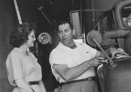 Doris O'Donnell checking out a truck mechanic in 1950