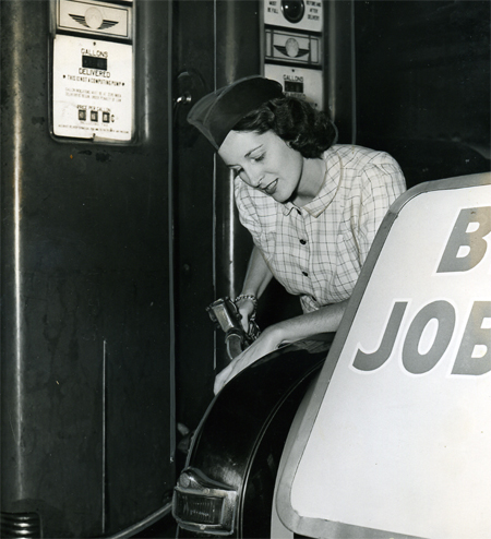 Doris O'Donnell  pumping gas in 1951