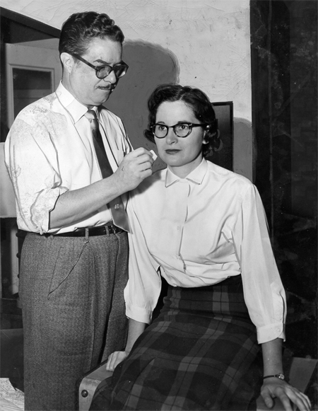 Doris O'Donnell with a makeup expert in 1955
