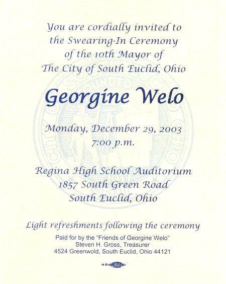 Invitation to South Euclid Mayor Georgine Welo innauguration
