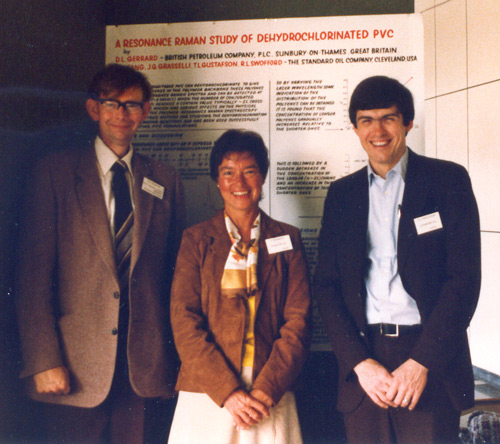 Jenny Brown at a Spectroscopy Conference in the UK in the 1970's with Dan Gerrard of BP and Terry Gustafson of Sohio