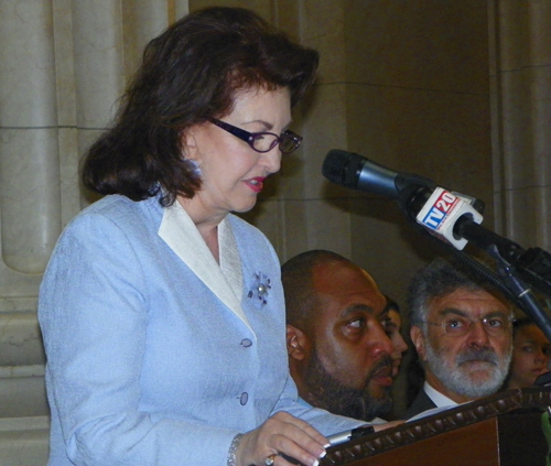 Maria Pujana speaking at Cinco de Mayo event in Cleveland City Hall